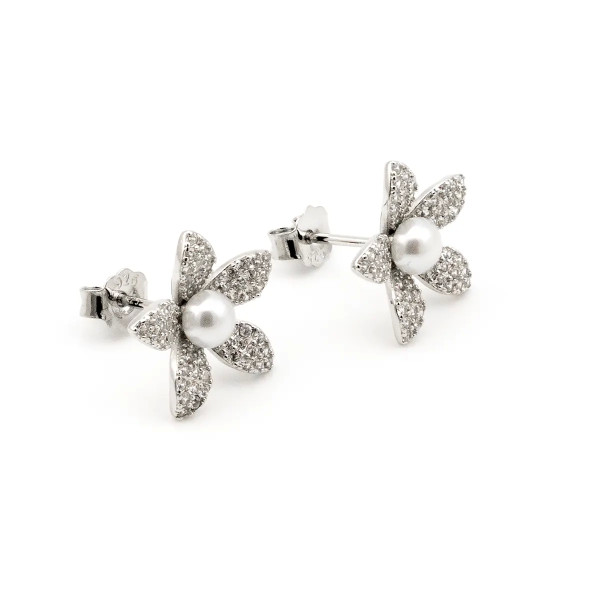 Zoppi Jewels|Orecchini fiore a pavè con perla in argento