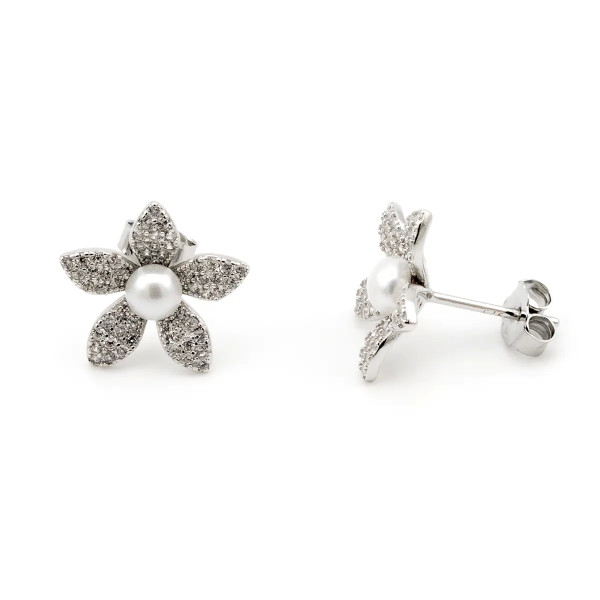 Zoppi Jewels|Orecchini fiore a pavè con perla in argento