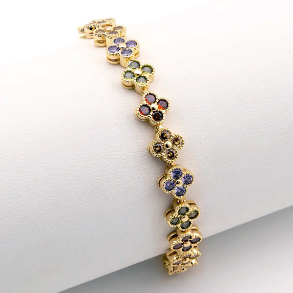 Zoppi Jewels|Bracciale tennis con fiori in acciaio oro e zirconi multicolor