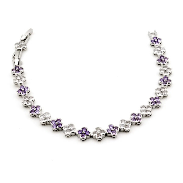Zoppi Jewels:Bracciale tennis con fiori in acciaio e zirconi bianchi e viola:23,00 €