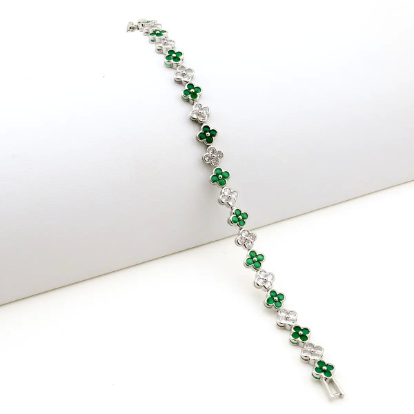 Zoppi Jewels|Bracciale tennis con fiori in acciaio e zirconi bianchi e verde