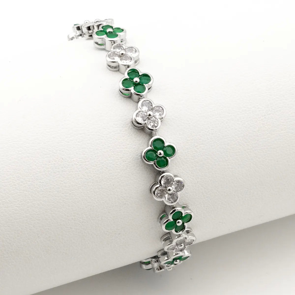 Zoppi Jewels|Bracciale tennis con fiori in acciaio e zirconi bianchi e verde