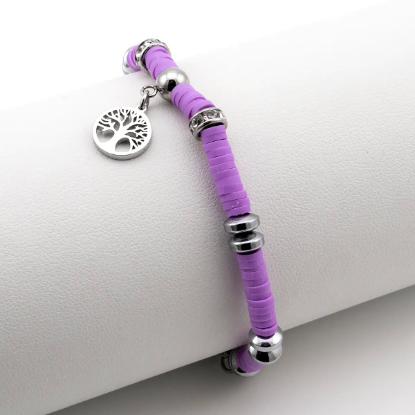Bracciale Albero della Vita in Acciaio e Argilla viola
