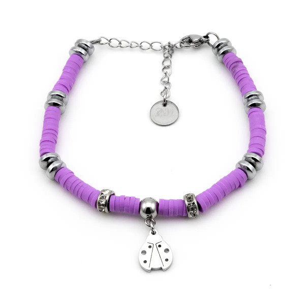 Bracciale "Coccinella Portafortuna" in Acciaio e Argilla Viola