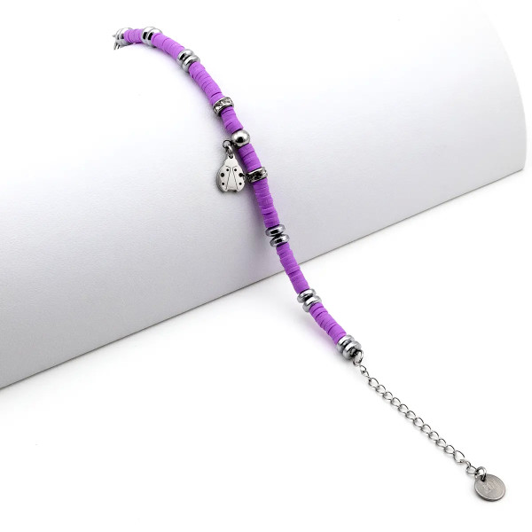 Bracciale "Coccinella Portafortuna" in Acciaio e Argilla Viola