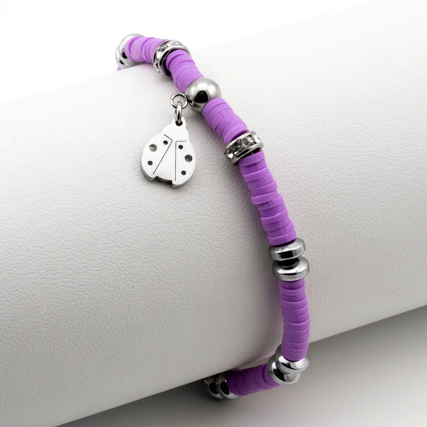 Bracciale "Coccinella Portafortuna" in Acciaio e Argilla Viola
