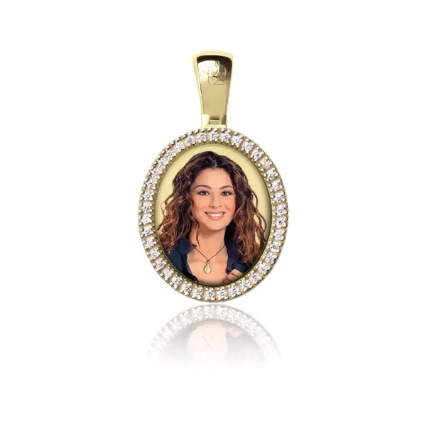 Zoppi Jewels|Medaglia foto a colori ovale con zirconi in oro 18kt