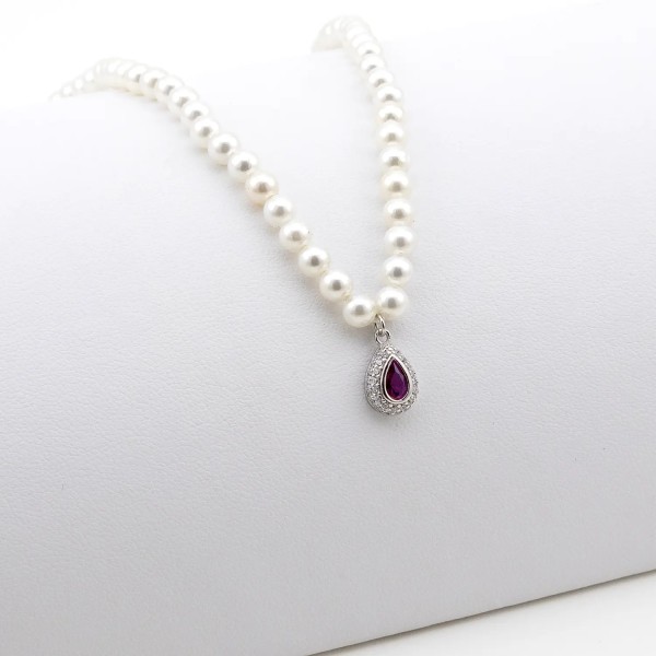 Zoppi Jewels|Collana di perle con ciondolo a goccia con pietra rosso rubino