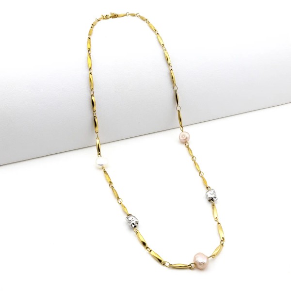 Collana in acciaio dorato con pepite e perle d'acqua dolce