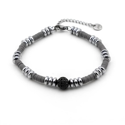 Bracciale Uomo in acciaio e argilla grigia con sfera nera