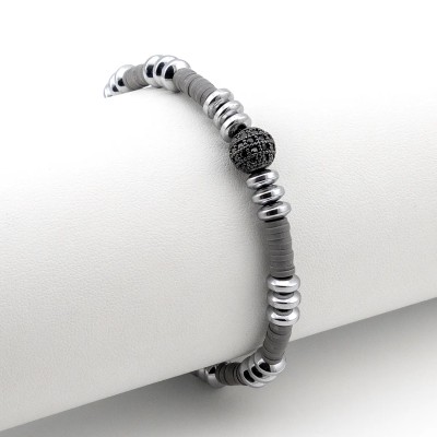 Bracciale Uomo in acciaio e argilla grigia con sfera nera