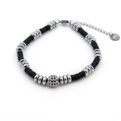 Bracciale Uomo in acciaio e argilla nera con sfera bianca