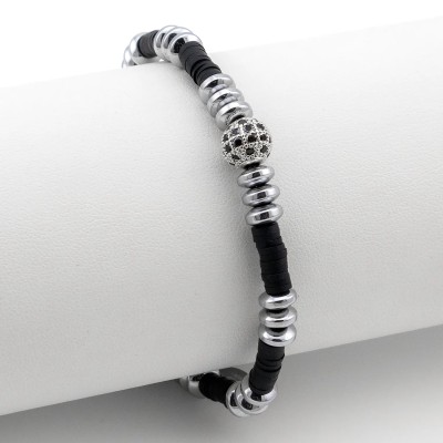Bracciale Uomo in acciaio e argilla nera con sfera bianca