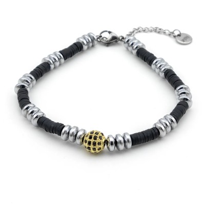 Bracciale Uomo in acciaio e argilla nera con sfera dorata