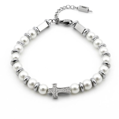 Bracciale in acciaio con perle bianche e charm croce