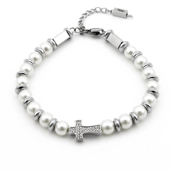 Zoppi jewels|Bracciale in acciaio con perle bianche e charm croce|24,00 €