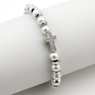 Bracciale in acciaio con perle bianche e charm croce