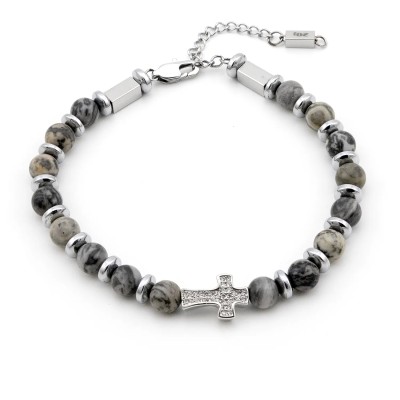 Bracciale in acciaio con pietre dure grige e charm croce
