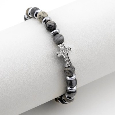 Bracciale in acciaio con pietre dure grige e charm croce