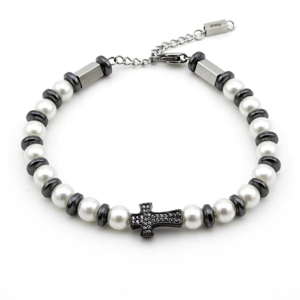 Zoppi Jewels:Bracciale in acciaio con perle e ematite nera e charm croce nera:23,00 €