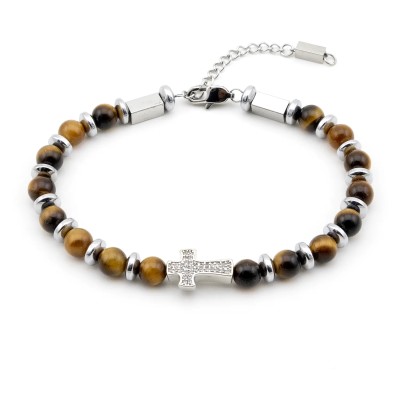 Bracciale in acciaio con pietre occhio di tigre e charm croce