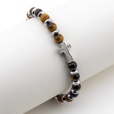 Bracciale in acciaio con pietre occhio di tigre e charm croce
