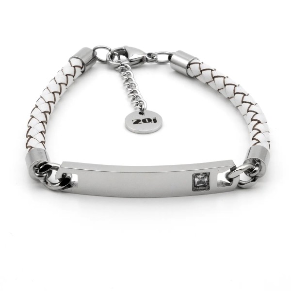 Bracciale in cuoio bianco con targhetta in acciaio