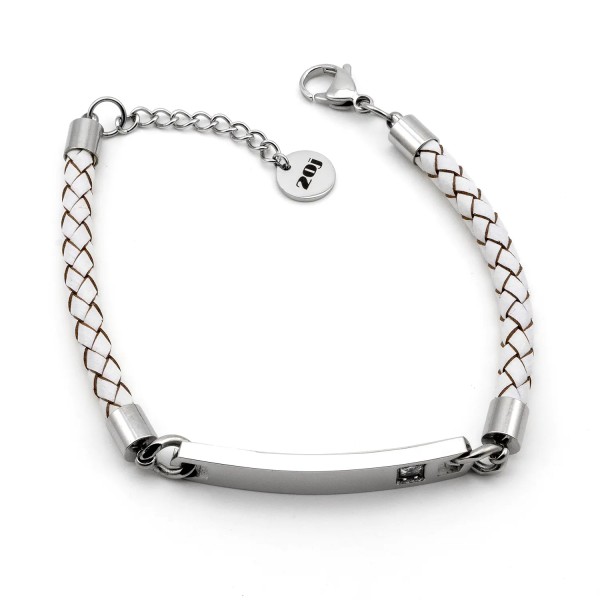 Bracciale in cuoio bianco con targhetta in acciaio