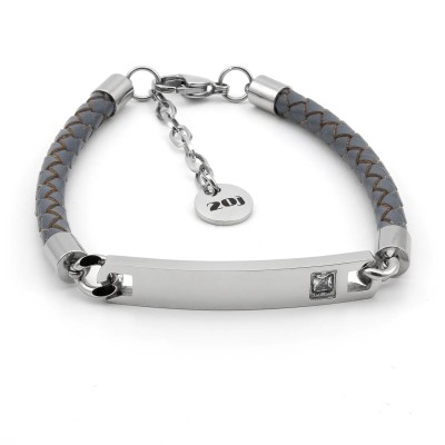 Bracciale in cuoio grigio con targhetta in acciaio