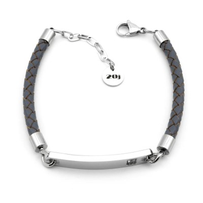 Bracciale in cuoio grigio con targhetta in acciaio