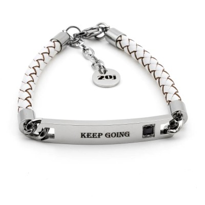 Bracciale in cuoio bianco con targhetta incisa "Keep Going"