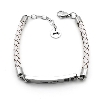 Bracciale in cuoio bianco con targhetta incisa "Keep Going"