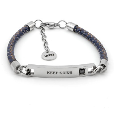 Bracciale in cuoio blu con targhetta incisa "Keep Going"