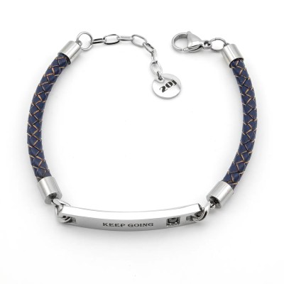 Bracciale in cuoio blu con targhetta incisa "Keep Going"