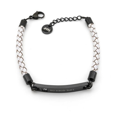 Bracciale in cuoio bianco con targhetta nera incisa "Life Goes On"