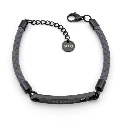 Bracciale in cuoio grigio con targhetta nera incisa "Life Goes On"