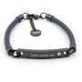 Bracciale in cuoio blu con targhetta nera incisa "Life Goes On"