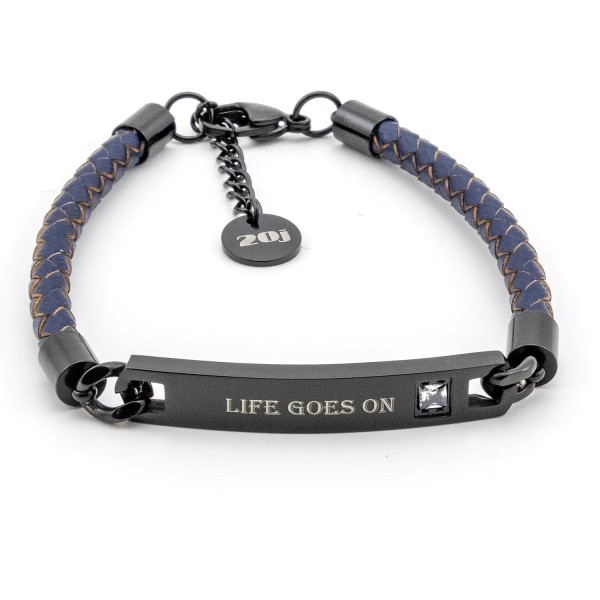 Bracciale in cuoio blu con targhetta nera incisa "Life Goes On"