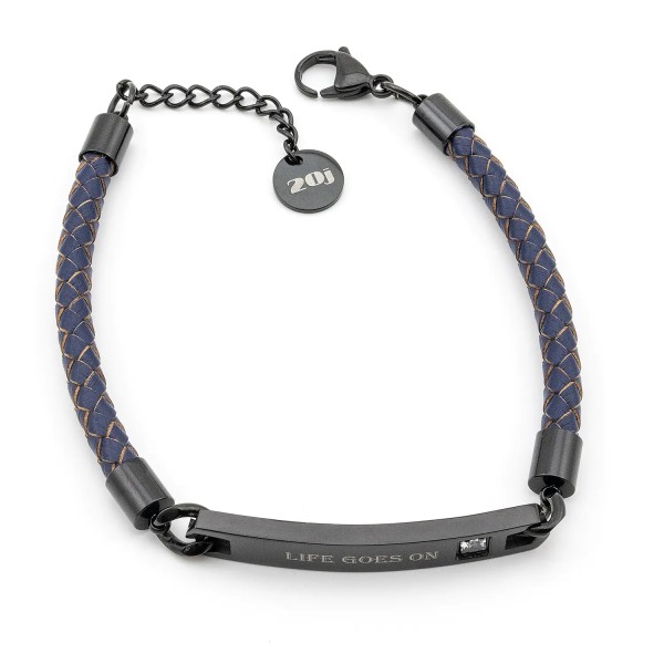 Bracciale in cuoio blu con targhetta nera incisa "Life Goes On"